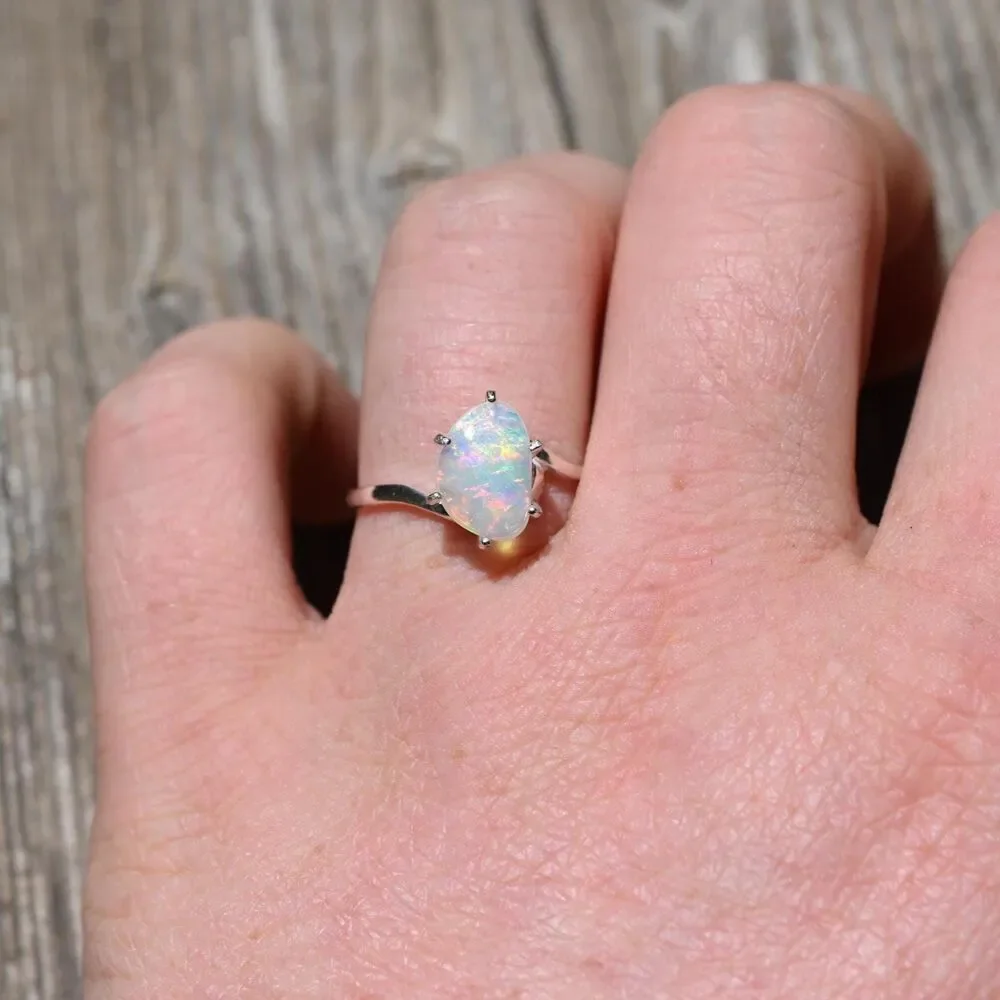Natural Ethiopian Opal Ring in Sterling Silver Pear Cut Iridescent Gemstone Ring
